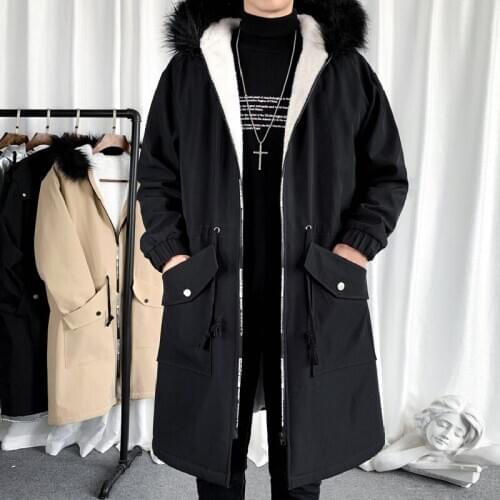 Winter Mens Loose Plush Lining Warm Overcoat Hooded Faux Fur Collar Casual Black Khaki Thick Trench Coat K1