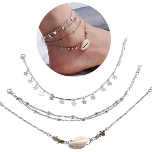 3Pcs/Lot Fashion Womens Anklet Set Beach Style Star Shell Decor Foot Jewelry Foot Chain Jewelry Accessories For Beach Travel