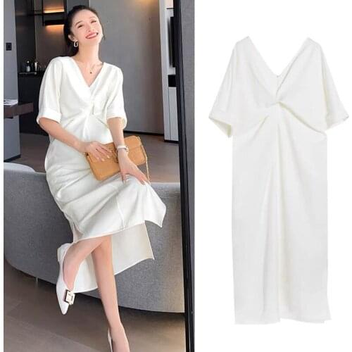 536# Maternity Clothes Summer Cotton V Neck Plian Color Short Sleeves Loose Midi Dress Pregnant Women Pregnancy Clothes