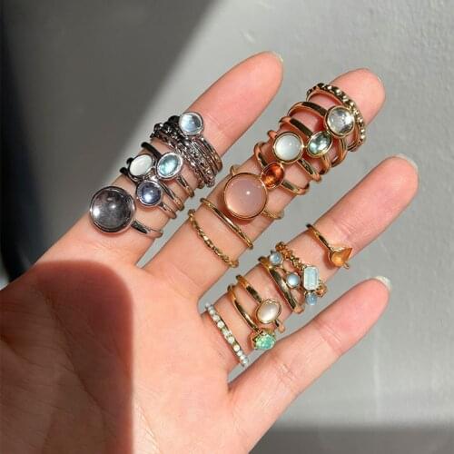 8Pcs/Set Summer Vintage Fairy Friends Colorful Stone Metalic Fashion Hit Rings For Women Girl Dating Party Anillos Jewelry