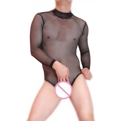 Sexy Men Turtleneck Mesh Bodysuit See Through Long sleeves Long sleeves Open Crotch Bodysuit Bodywear Night Club Dance Wear FX42