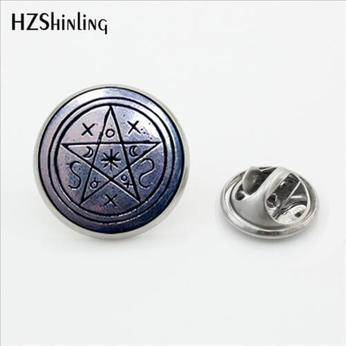 New Steampunk Wiccan Collar Pin Brooch Magick Pagan Pentagram Jewelry Glass Cabochon Stainless Steel Lapel Pins Brooches