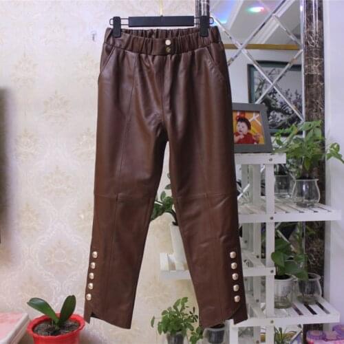 New Designer Autumn Winter 2021 Fashion Womens High Quality Genuine leather elastic waist pants C588