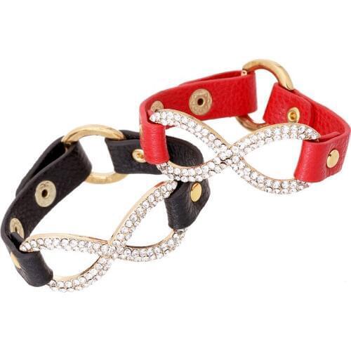 Dankaishi Eight Bowknot Charm Bracelet Leather Bangle Wristband Round Clasp Paved with Rhinestone and Crystal Hot Sale Jewelry