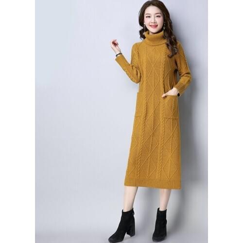 Long Sweater Dress Fashion Women Knitted Dresses Elegant Women Turtleneck Sweaters Dress Knitting Pullover Winter Women Dresses