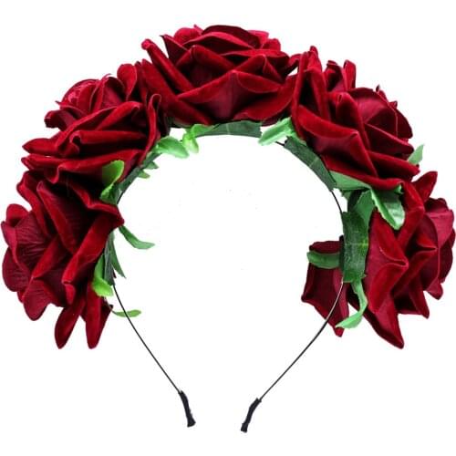 Elegant Rose Flowers Hair Band Headband Crown Photo Props for Wedding Party Cosplay Costume Accessory (Dark Red)