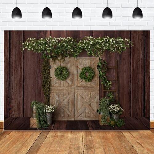 Spring Green Wreath Photo Background Brown Wooden Wall Door Newborn Baby Birthday Backdrop White Flowers Photo Studio Photocall