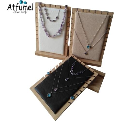 Quality Bamboo Necklace Jewelry Organizer Stand Showcase Velvet PU Tabletop Jewelry Display Boards Pendant Chain Hanging Case