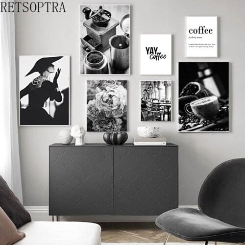 Fashion Black White Vintage Women Coffee Picture Wall Art Canvas Poster Abstract Print Poster Flower Painting Leaves Picture
