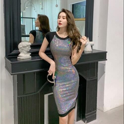 Summer High-end Women O Neck Short Sleeve Elegant Dress Sequin Vintage Chic Vestidos Sexy Party Bodycon Office Sheath Dresses