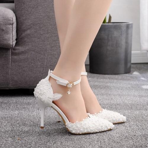 Summer Stiletto Spring White Lace Wedding Shoes Womens Dress Pumps High Heels Sandals