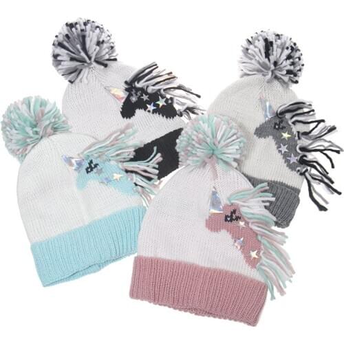 Fashion Womens unicorn Hat Winter Beanie Knitted Hat Bonnet Girl 's Hat Female Cap with Ball