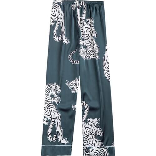 Men Satin Sleep Bottoms Sleepwear Soft Nightgown Pants Elegant Crane Print Pajama Panties Male Night Wear
