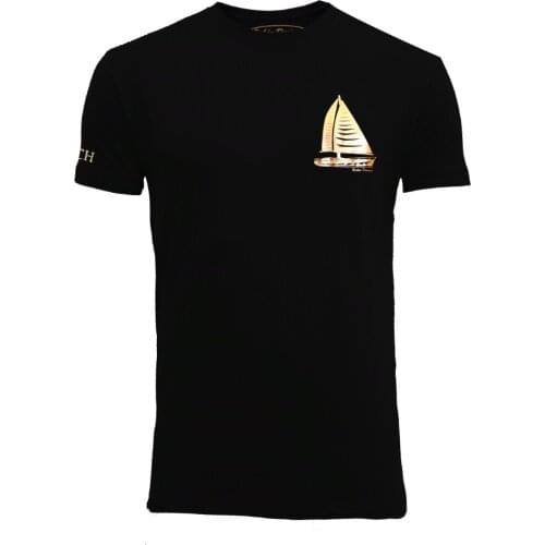 Bichon Designs T-shirt men short sleeve nautical style, red and black printed sailboat Golden S metallic