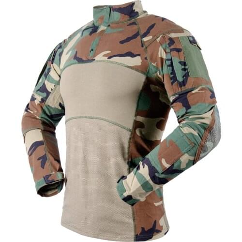 Knitted Shirt LS Long Sleeve Strech Woodland Camouflage Cotton Tactical Combat Shirt For Men