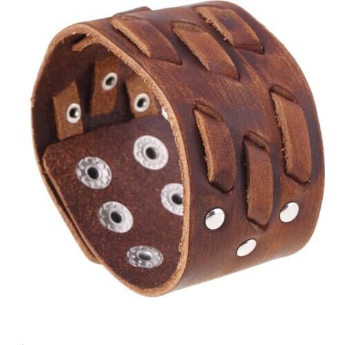 Modyle 2020 New Punk Vintage Big Wide Brown Genuine Leather Braid Wrap Bracelet Bangle for Men Wholesale