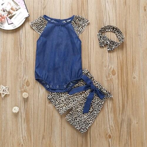 New Baby Childrens Clothing Leopard Denim Suit Three-piece Short Sleeve Jumpsuit+shorts Bow Belt+bow Tie set