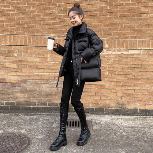 Womens winter down coat black plus size belt zipper fashion puffer high quality hot selling short jacket