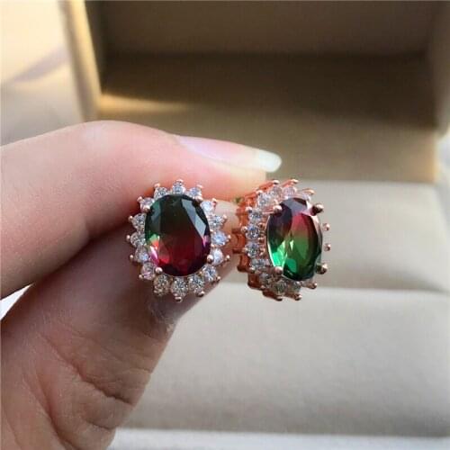 Luxury Female Crystal Flower Stud Earrings Charm Small Rose Gold Earrings Boho Rainbow Oval Zircon Wedding Earrings For Women