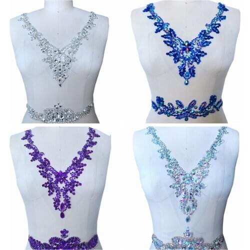 Handmade colour Hot drilling Rhinestone pearl lace embroidery patch collar belt applique wedding dress DIY Performance clothing