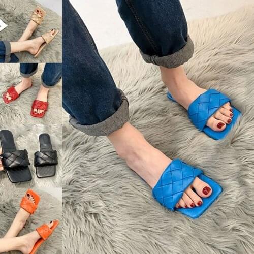 Women PU Leather Flat Slippers Square Toe Weave Sandals Woman 2021 Summer Fashion Beach Flip Flops Luxury