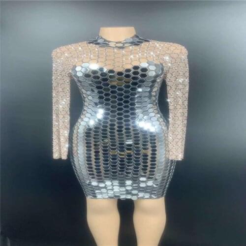 V74 Sexy women dance costumes silver mirrors glass shinning evening dress see-through one piece mesh skirt singer perform outfit