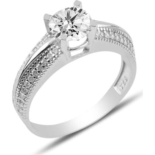 Silver 925 Sterling Half Round Engagement Ring With Zircon Stone