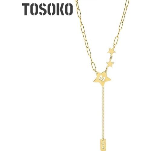 TOSOKO Stainless Steel Jewelry Star Five Pointed Star M-Shaped Tassel Luck Square Necklace Fashion Chain For Female BSP741