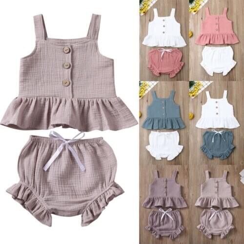 Pudcoco US Stock 0-5 Years 2PCS Kids Toddler Baby Girls Clothing Set Solid Cotton Vest Crop Tops Short Pants Outfit Clothes Set