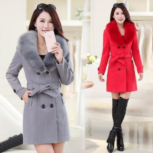 High-quality woolen coat womens long section 2018 winter Korean womens hair collar woolen coat double-breasted coat DF01