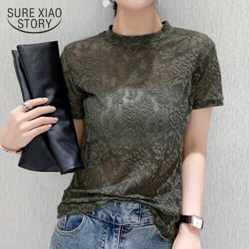2020 Korean Fashion Clothing Hollow Out Shirt Female Vintage Summer Tops Street wear Slim Short Sleeve Lace Blouse Blusas 9890