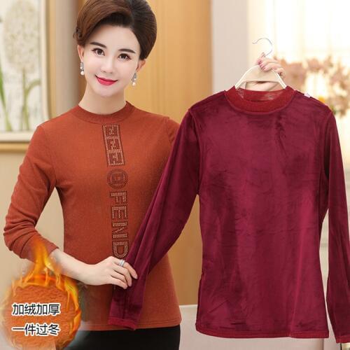 Middle Aged Turtleneck Pullover Autumn Winter Bottoming Shirt Women Long Sleeve Lace Plus Velvet Thicken Tops Mother Loaded