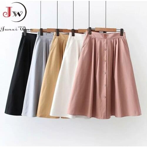 Women Summer Cotton Skirt Girls Elegant Solid Elastic Waist Spring Casual Single-Breasted Office Ladies A-Line Midi Skirt Saia