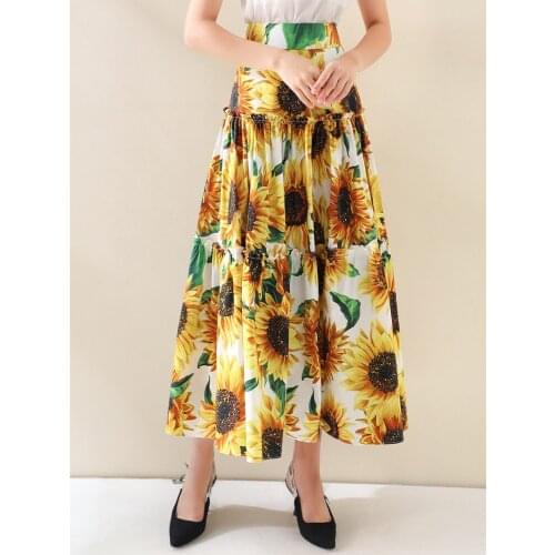 Customize Made Women Summer Fashion Casual Plus Size 3XL-10XL High Waist Floral Sunflower Print Maxi Long A Line Skirt