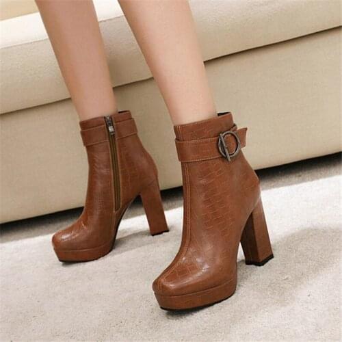 PXELENA 2020 Autumn Winter Women Ankle Boots Block Square High Heels Platform Shoes Buckle Plus Size 34-43 Office Lady Work Date