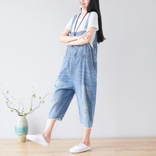Women thin Denim Overalls Scratched Ripped Holes jean Jumpsuits Large size Baggy cowboy Bib Rompers Denim Suspenders Bodysuits