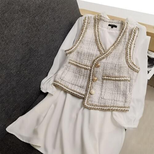 New Fashion Women Sleeveless Tweed Jacket Twill Short Vest V Neck Outwear Waistcoat Female Slim Fit Single Breasted Pockets Vest