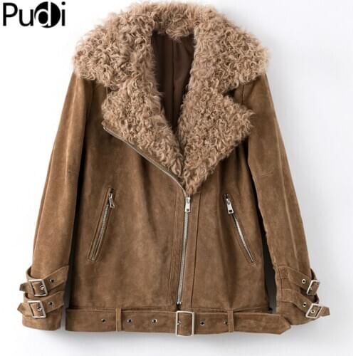 Womens winter motorcycle genuine leather overcoat leisure female real sheep fur coat jacket overcoat Clothes B401705