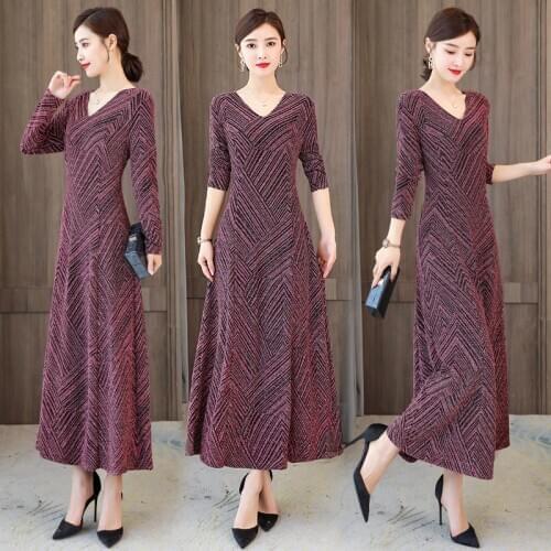 Real Shot Purple Striped Knitted Dress 2020 New Autumn Temperament Long Sleeve High Waist Plus Size Dresses for Women Clothing