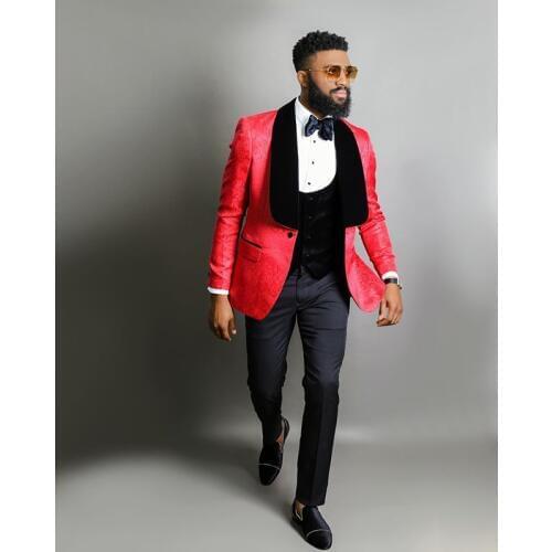 2020 Red Jacquard Jacket Men Suit Slim Fit Wedding Tuxedo Custom Made Wedding Groom Party Suits Costume Homme Best Man Blazer