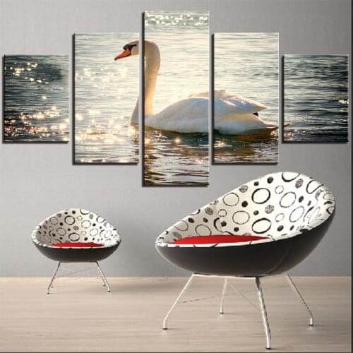 5 Pieces White Swan On the lake Canvas Painting Bird Posters Animal Pictures For Home Decor Landscape Wallpapers Modern Art