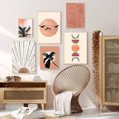 Boho Abstract Sun Face Moon Plant Orange Canvas Painting Posters and Prints Nordic Wall Art Pictures for Living Room Home Decor