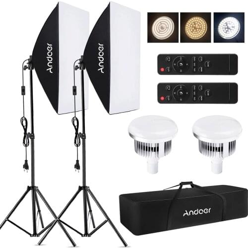 Andoer Studio Photography Light Softbox 85W 2800-5700K LED Light*2+50x70cm Softbox*2+2M Light Stand*2+Remote Control*2+Carry Bag