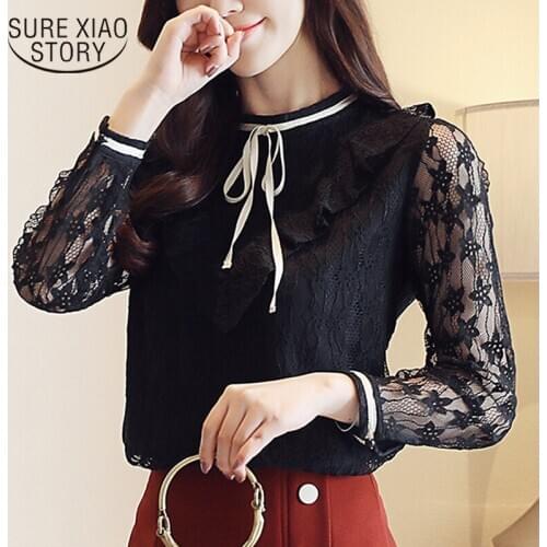 Spring Fashion Long Sleeve Lace Women Tops Vertical Collar Lotus Leaf Elegant Autumn Women Shirts Black Hollow Blouses 7967 50