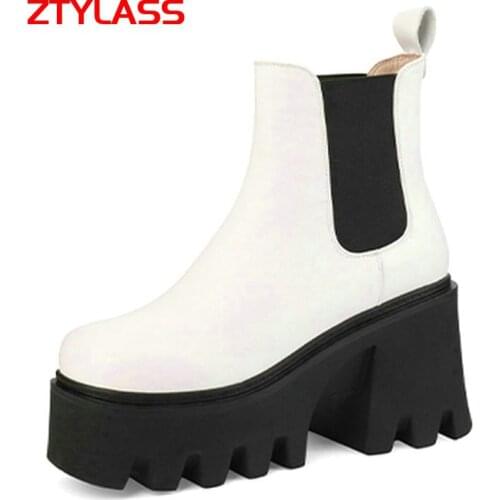 Black White Spring Autumn Leather Women Boots Fashion Platform Square Toe Ankle Boots Thick High Heel Chelsea Boots Winter Shoes