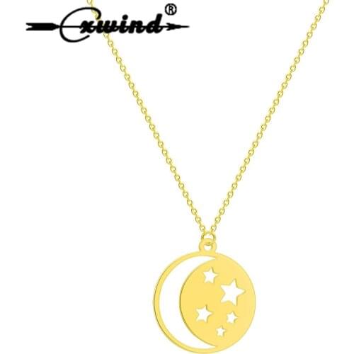 Cxwind Fashion Dainty Moon Star Chain Pendant Necklaces Jewelry Statement Round Necklace Women Girls Gift Femme Mujer Collares