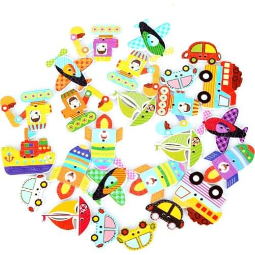 New Arrival Multi Sizes 50Pcs/lot Random Mixed Color 2 Holes Transportation Car Plane Wood Buttons Sewing Scrapbooking