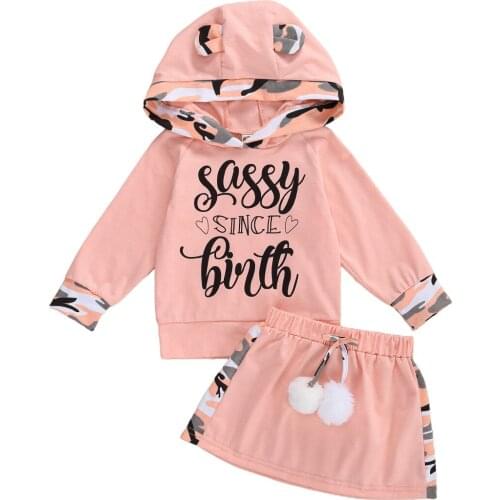 Baby’s Autumn Suit Camouflage Long-Sleeves Hoodie with Letters Print + Elastic-Waist Short Skirt for Little Girl 0-3 Years