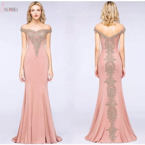 Rose Gold Mermaid Long Evening Dress 2019 Elegant Formal Gown Lace Applique Off The Shoulder Sleeveless robe de soiree