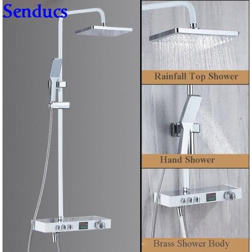 Senducs Interlligent White Digital Shower Set Saving Water Dynamic Temperature Shower System Brass Bathroom White Shower Set